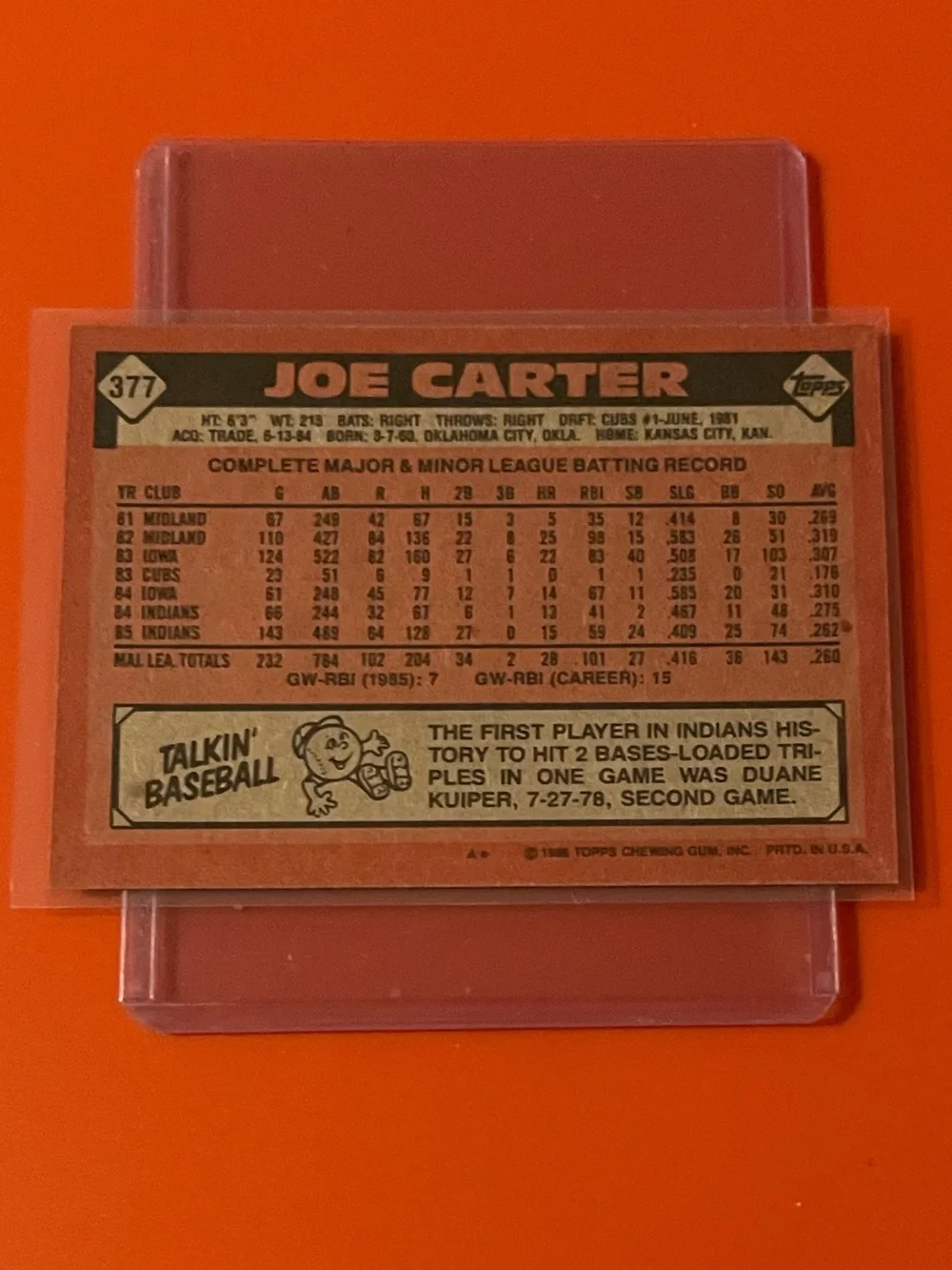 Joe Carter #377 1986 Topps Baseball Trading Card